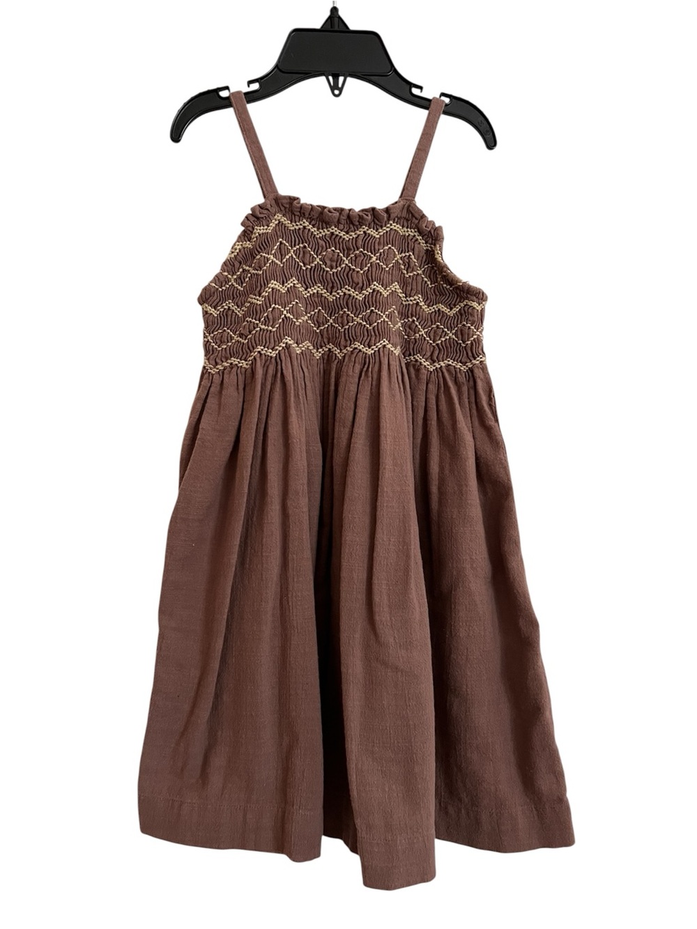 Zara Brown Smocked Cotton Sundress with Cream Stitching